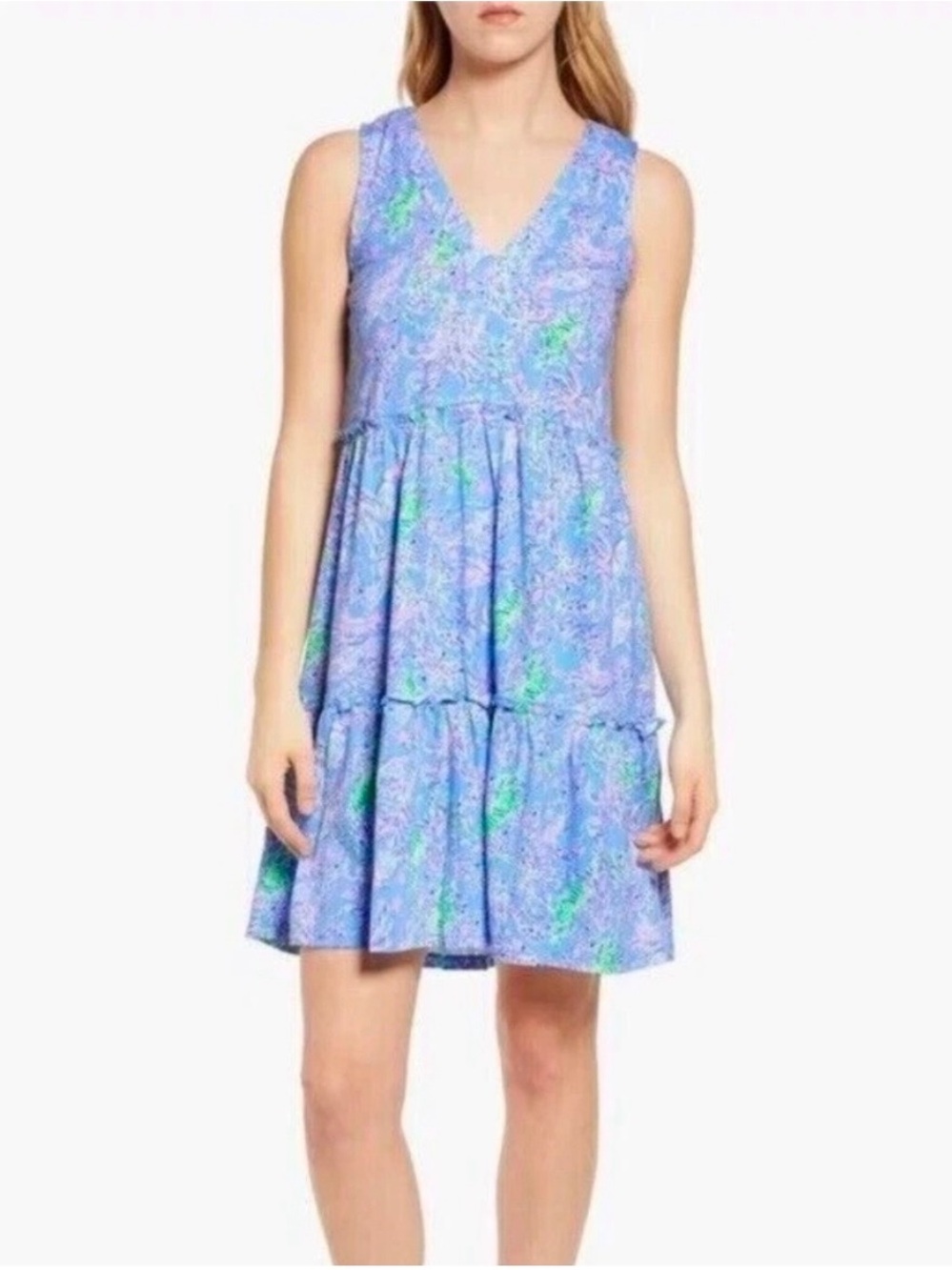 Lilly Pulitzer Lorina Lavender & Green V-Neck Tiered Swing Dress